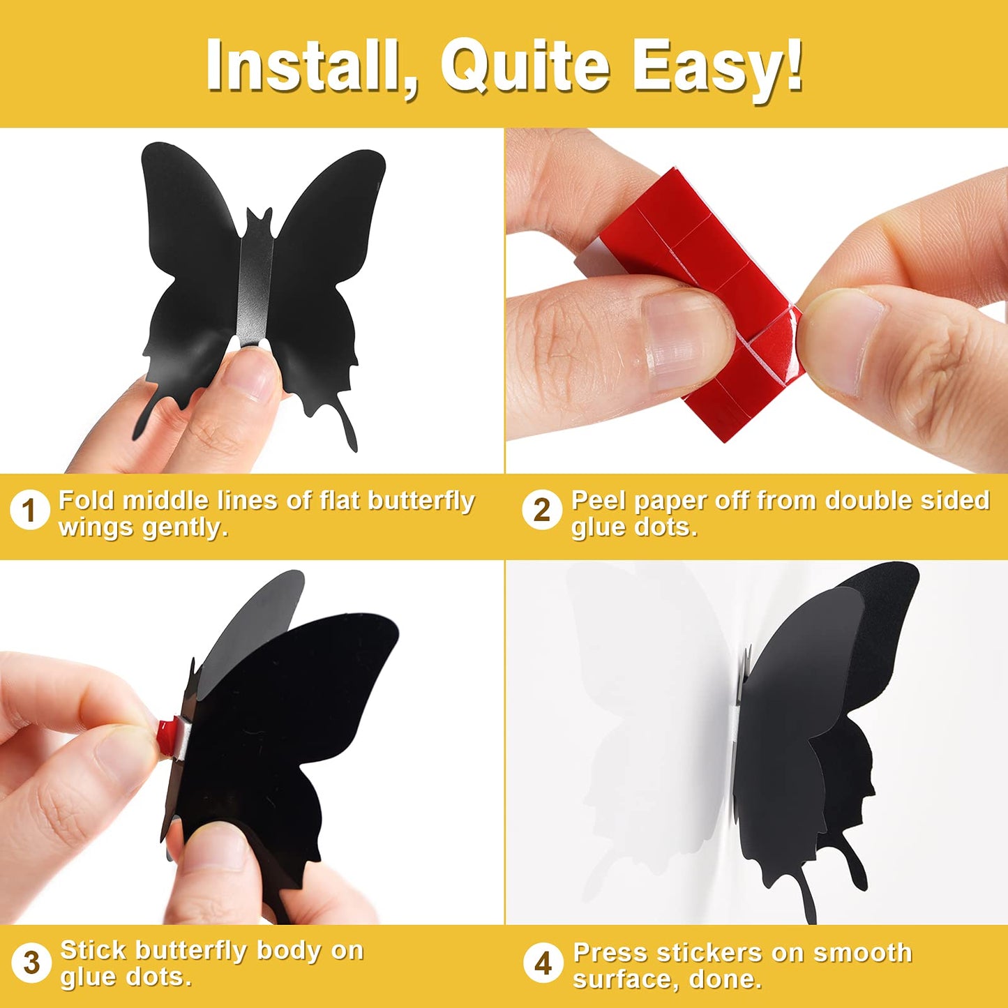 Ryangic 3D Butterfly Wall Decor 48pcs Black Polished Stickers 3 Sizes Durable Butterfly Decals DIY Wall Art for Bedroom Living Room Halloween Decoration Party Indoor (Black)