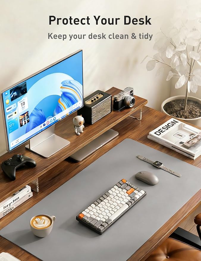 Aothia Faux Leather Desk Mat - Non-Slip PU Leather Desk Blotter, Waterproof Writing Surface, Large Desk Pad for Office & Home (Light Grey, 55" x 24")