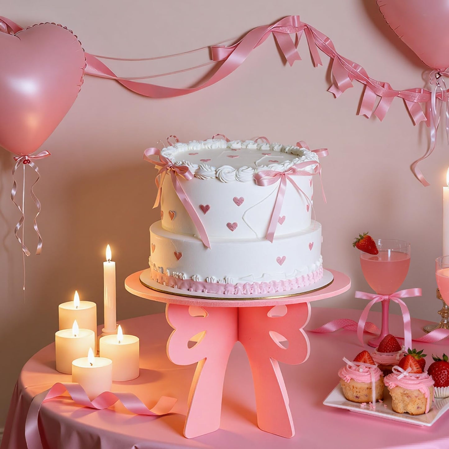 Lallisa Bow Cake Stand Pink Coquette Party Decorations 3D PVC Dessert Holder for Baby Shower Wedding Decor Holiday Props Theme Gift Birthday Bachelorette Bridal Party Supplies