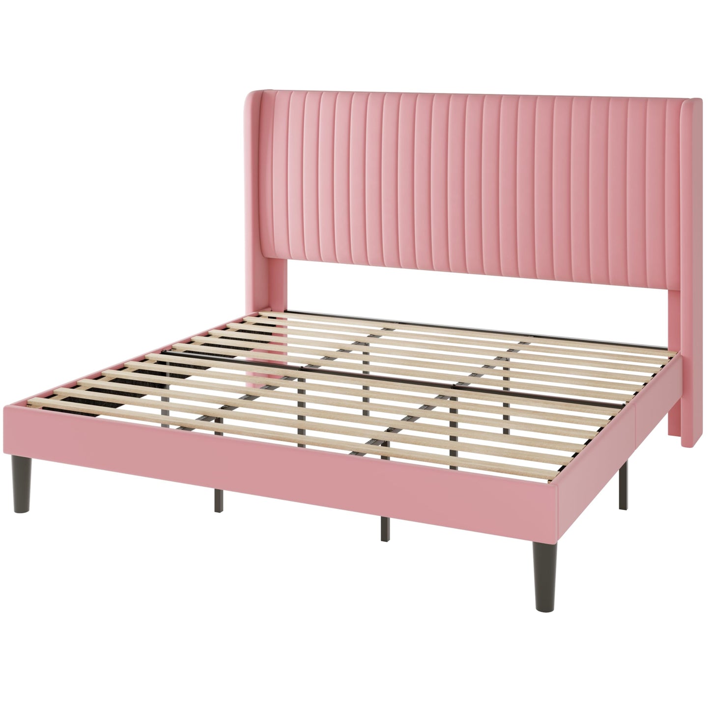 Allewie King Size Velvet Bed Frame/Vertical Channel Tufted Wingback Headboard/Upholstered Platform Bed/Strong Wooden Slats/No Box Spring Needed/Easy Assembly/Pink