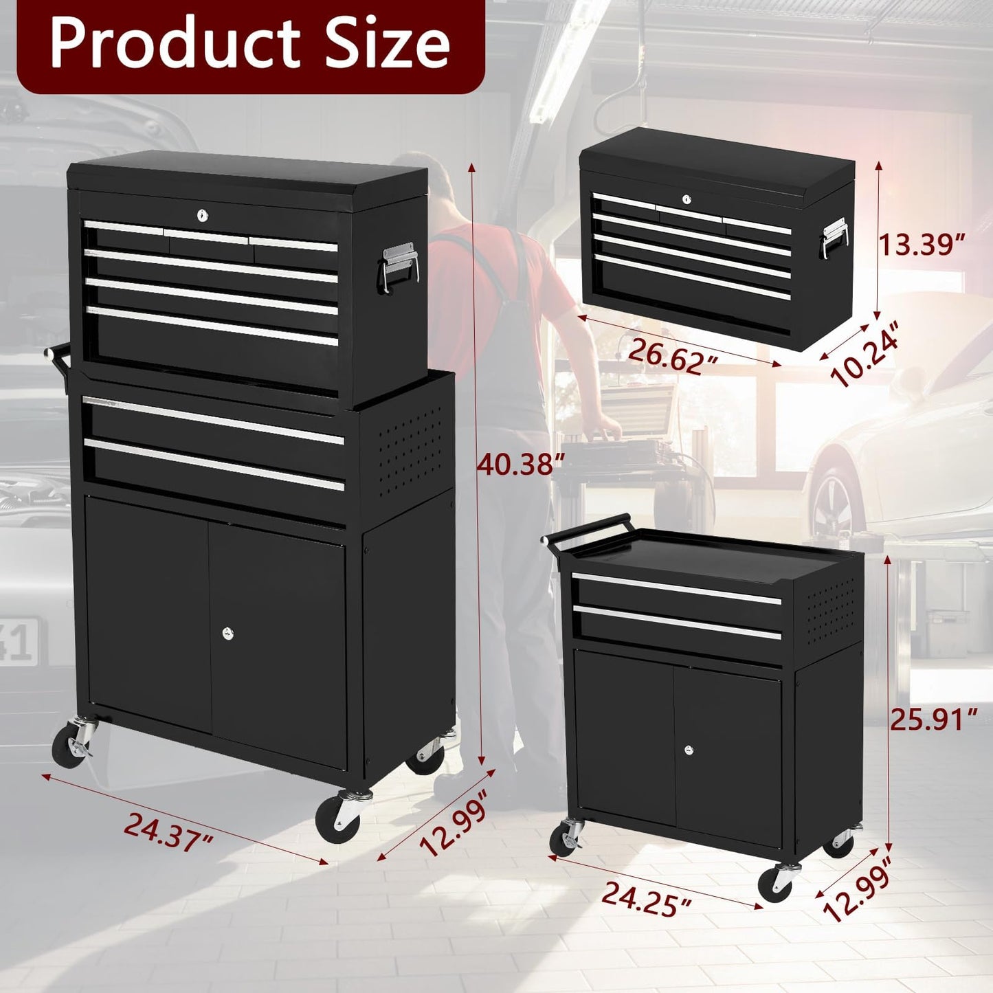 Tool Box with Wheels,24in 8-Drawer Rolling Tool Chest and Organizer for Garage & Workshop, Includes Detachable Top, Lockable Wheels and Sliding Drawers, Essential Tool Chest Cabinet Organizer