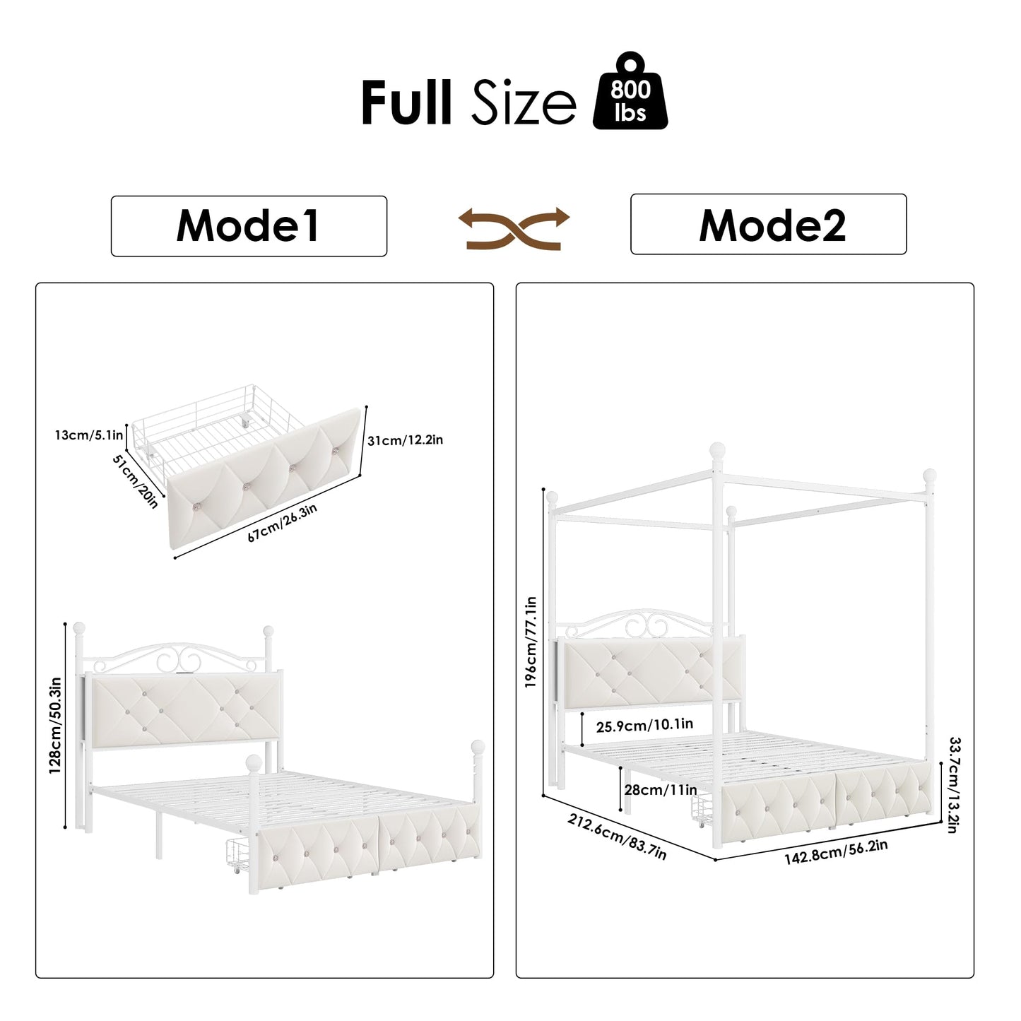 Full Upholstered Canopy Bed Frame with 2 Drawers & Crystal Tufted Storage Headboard Metal Platform Bed with Charging Station & 4 Removable Posts No Box Spring Needed Curtain Not Included, Beige