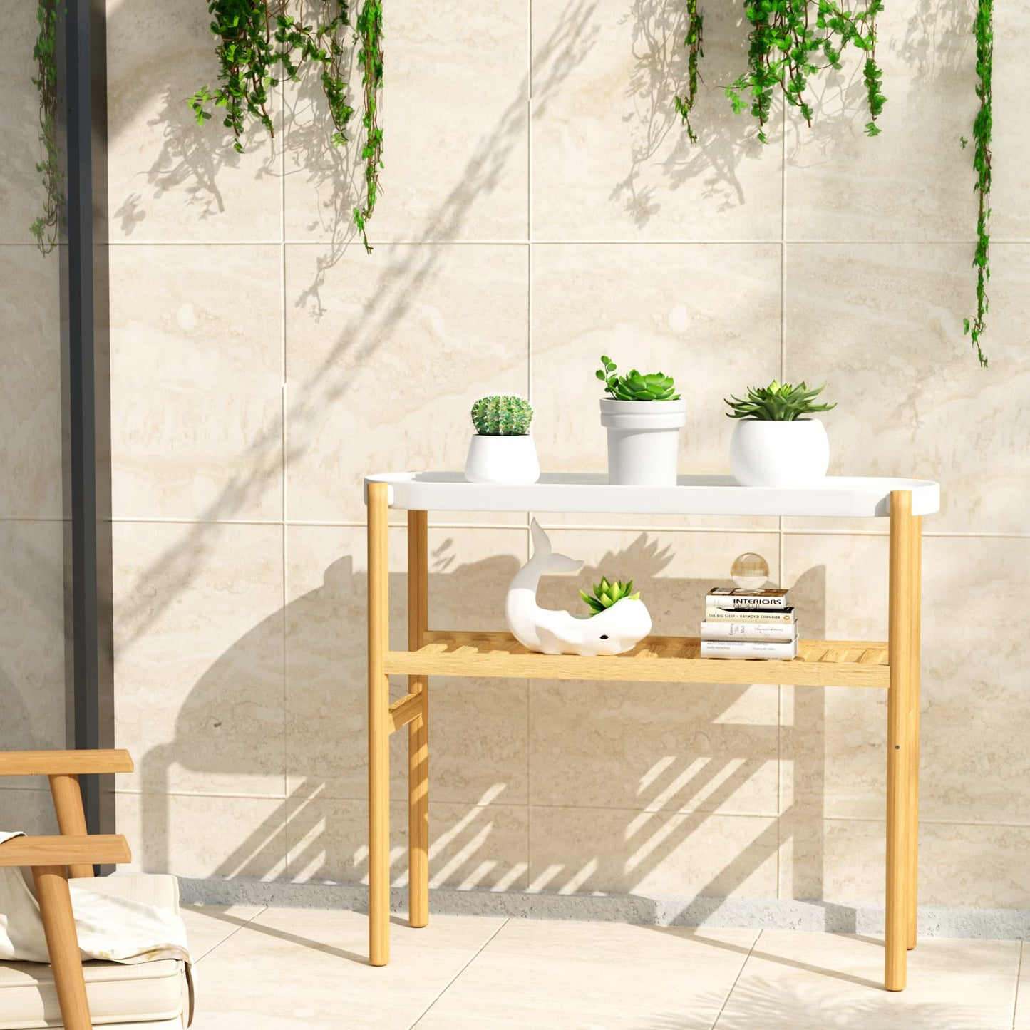 HoVoit Bamboo Plant Stands Indoor, 2 Tier Steel Tray Plant Table Tall Corner Multiple Plant Holder Display Rack for Outdoor Garden Home