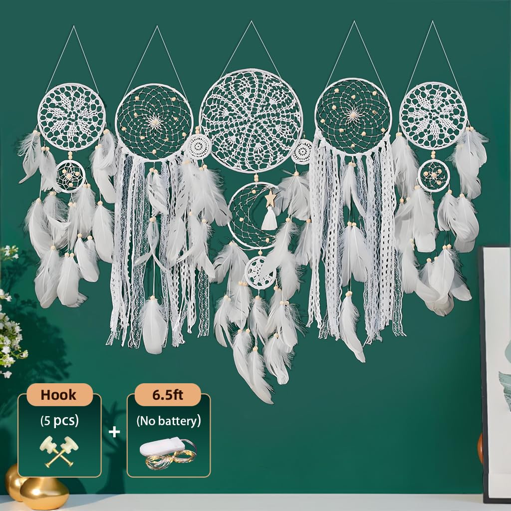 Handcrafted Dream Catcher Wall Decor Set, 5 Pieces, Round Shape, 10 Inch Diameter, Cotton and Feather, Art Deco Style, Moon and Star Design, Indoor Hanging Ornaments (5, Brown)