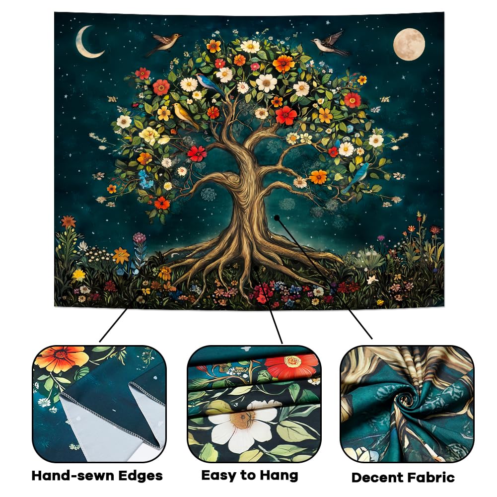 Amtoodopin Tree of Life Tapestry Mystic Boho Flowers Tapestry Vintage Aesthetic Tree Wall Tapestries Retro Nature Floral Plants Tapestries Wall Hanging for Bedroom