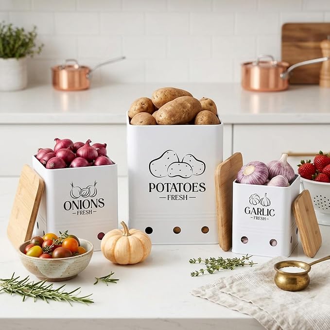 Simcat Kitchen Vegetable Storage Tins Set of 3, Potato Onion Garlic Kitchen Storage Canisters, Vegetable bin Keeper Containers with Aerating Holes and Wooden Lid (White 1)
