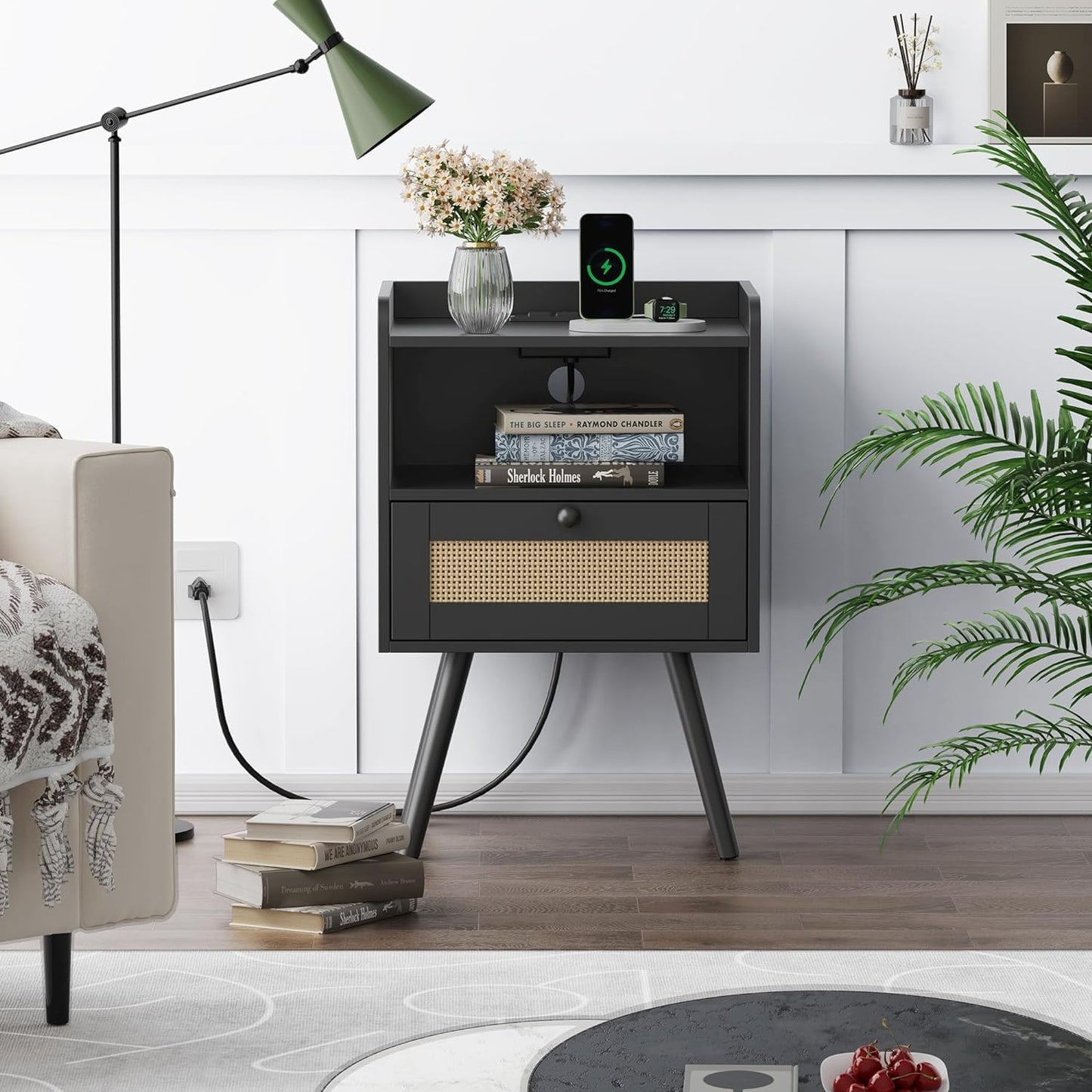 SUPERJARE Nightstand with Charging Station & Rattan-Like Decor Drawer, Rattan End Table with Solid Wood Feet, Bed Side Table with Open Storage, for Bedroom, Living Room, Dormitory - Black