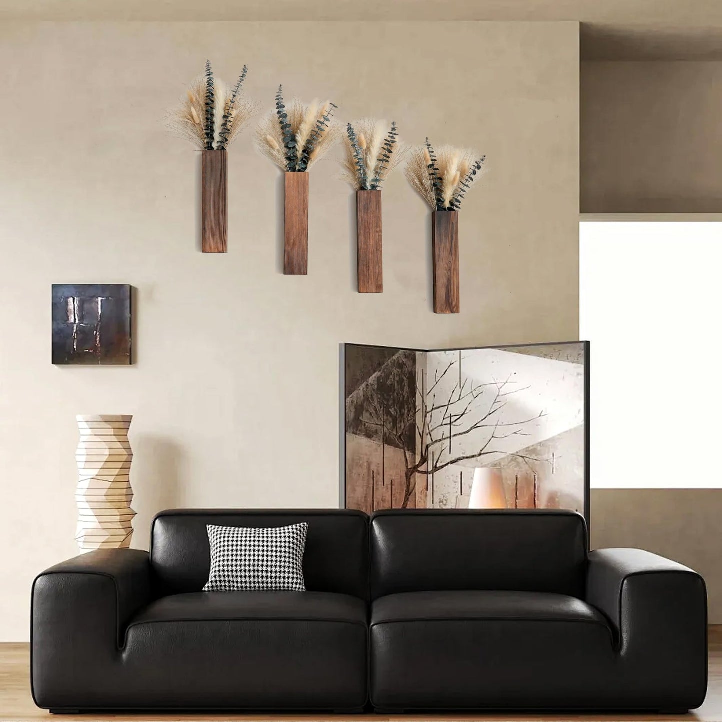 Wall Vase Set of 4 – Wooden Hanging Vases with Pampas Grass & Eucalyptus Dried Flowers – Modern Farmhouse Home Decor for Living Room, Entryway, Bathroom, Hallway & Dining Room