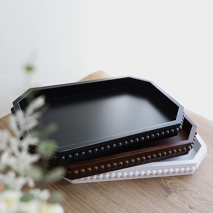 Hrastany Wood Rustic Serving Tray with Beads, Farmhouse Black Decorative Tray for Table Centerpiece, Christmas Wedding Halloween Home Decor