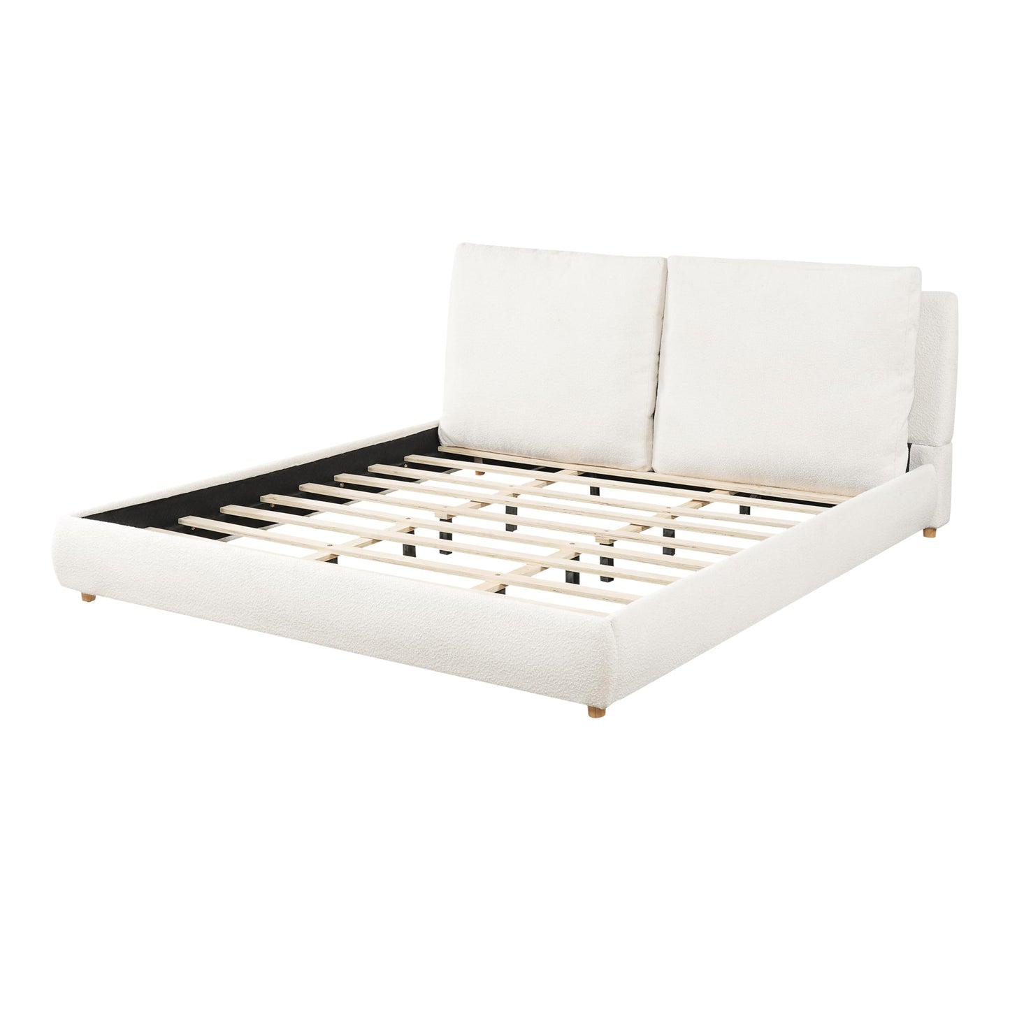 Merax California King Size Boucle Fabric Upholstered Platform Bed with Two Removable Pillow Headboard, Wood Bed Frame with Solid Round Legs for Kids Teens Adults, White