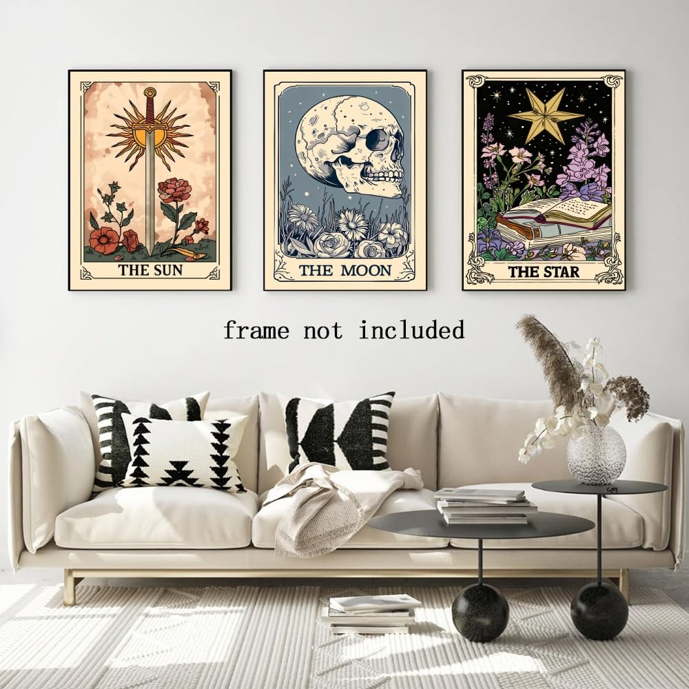 Set of 3 The Sun Moon Star Wall Art Mystical Tarot Card Print Earthy Boho Celestial Pictures Decor Astrology Posters Spiritual Witchy Room Aesthetic Painting for Bedroom 8x12inch Unframed