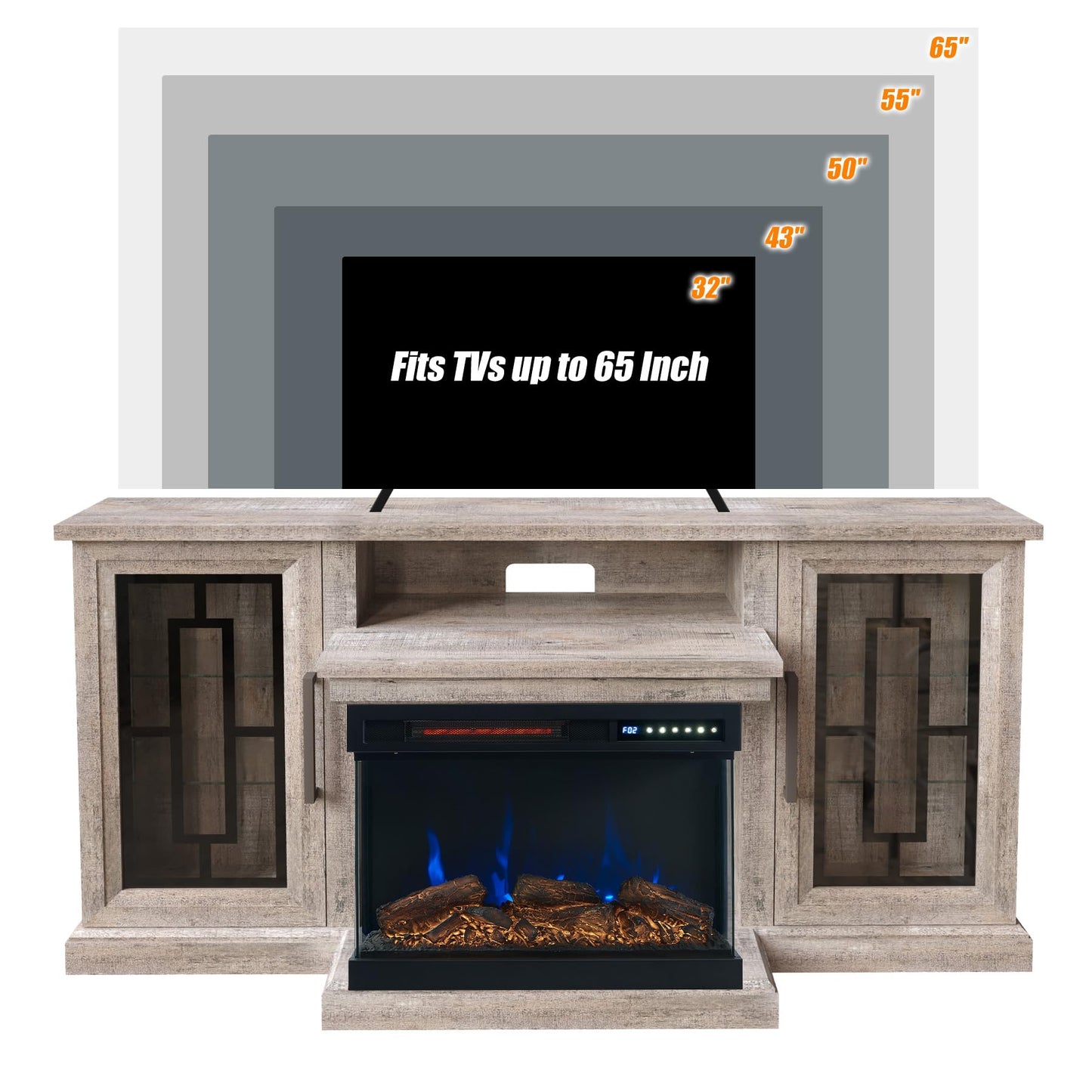 Unineo 59 Inch LED TV Stand with 3-Side Glass Fireplace, Modern Media Entertainment Center Console Table for TVs up to 65 Inch with Adjustable Color, 24ββ Fireplace, Highboy, Grey Wash