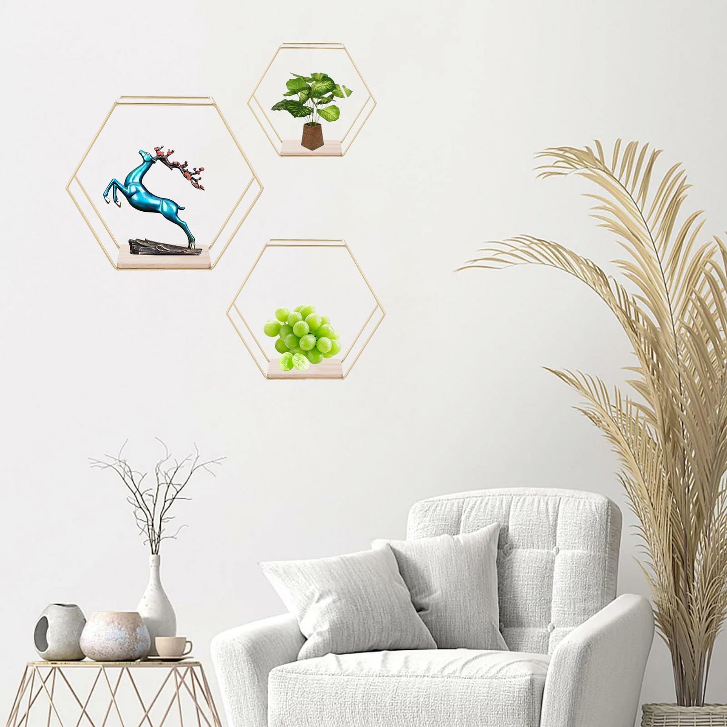 mekueeex Wall Mounted Hexagon Floating Shelves, Metal Framed Gold Shelf with Wooden Floor Storage Shelves, Modern Wall Decor for Living Room, Bedroom, Kitchen, Office, Set of 3 Size 