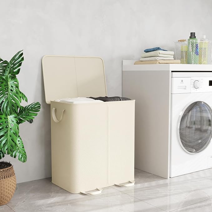 Lifewit Double Laundry Hamper with Lid and Removable Laundry Bags, Large Collapsible 2 Dividers Dirty Clothes Basket with Handles for Bedroom Laundry Room Closet Bathroom College, 155L Ivory White