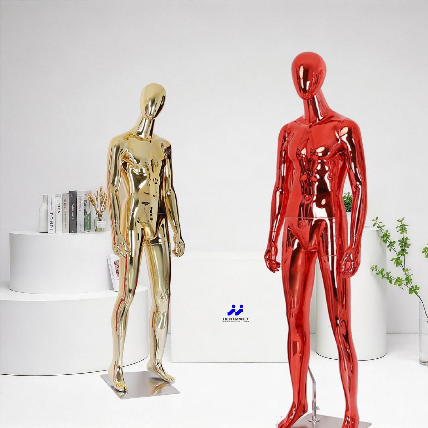 Full Body Male Mannequin with Chrome Metallic Finish, Fiberglass Abstract Dress Form with Posable Head, Futuristic Retail Display Dummy with Metal Base for Men's Fashion Window(Chrome Gold)