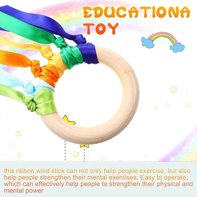 Junkin Ribbon Rings Hand Kite Waldorf Toys Dancing Wrist Ribbons Rainbow Streamers with Wood Ring Sensory Learning Educational Toy for Playroom Dancing Birthday Party Gift(Rainbow,48 Pcs)