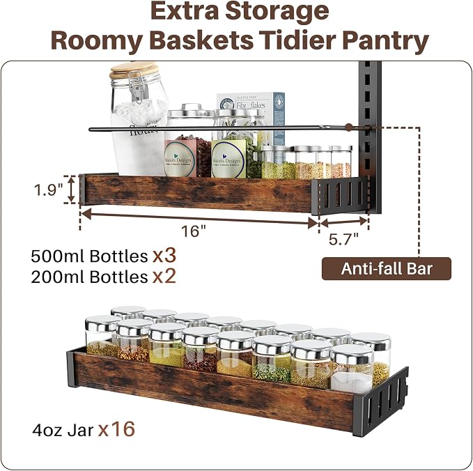6 Tier Over The Door Pantry Organizer, 2 IN 1 Wall Mount or Metal Hanging Spice Rack for Pantry Organizers and Storage, Seasoning Shelves,Adjustable Basket with Hooks for Kitchen Cabinet and Closet