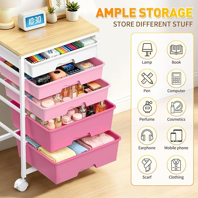 SUNALLY Rolling Storage Utility Cart With 5 Drawers, 5 Tier Rolling Cart with Wooden Tabletop and 2 Lockable Wheels, Storage Drawer Cart for Craft Art Supply Storage & Home Office Organization, Pink