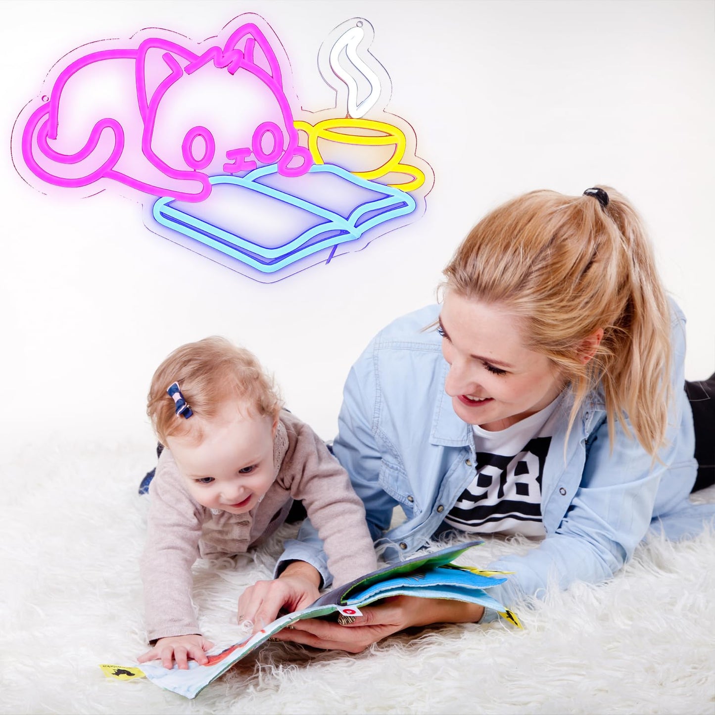 PMCVYH Cat Reading Book Neon Sign for Wall Decor, Cute Cat Led Signs for Library, USB Dimmable Neon Lights for Classroom Reading Cafe Corner Bedroom Study Room Home Book Club Motivational Wall Art