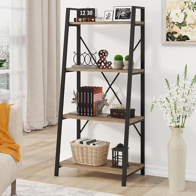 BON AUGURE Farmhouse Ladder Shelf Bookcase, 4 Tier Rustic Ladder Bookshelf, Standing Leaning Book Shelves for Living Room (Vintage Oak)