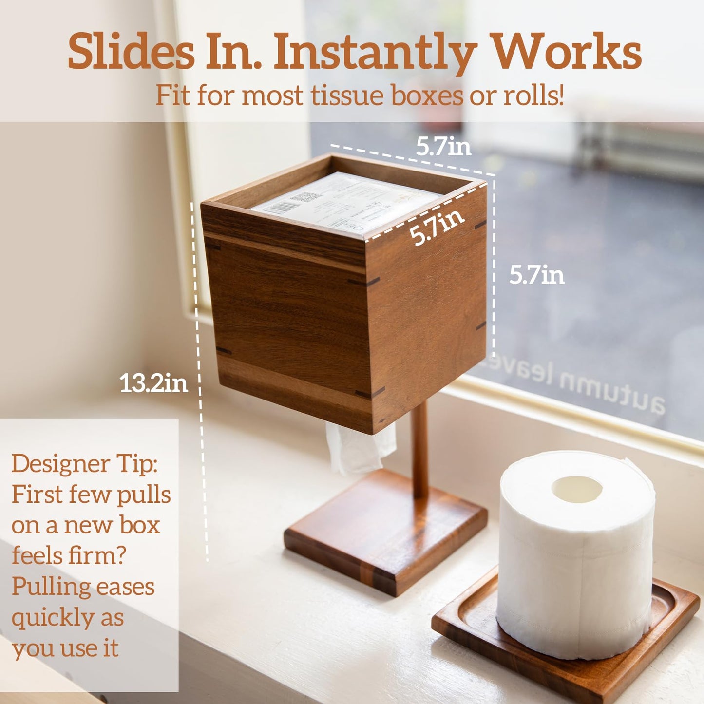 Wooden Tissue Box Cover Square - Acacia Wood Tissue Box Holder, Toilet Paper Holder Stand, Countertop Bathroom Accessories for Rustic or Modern Home