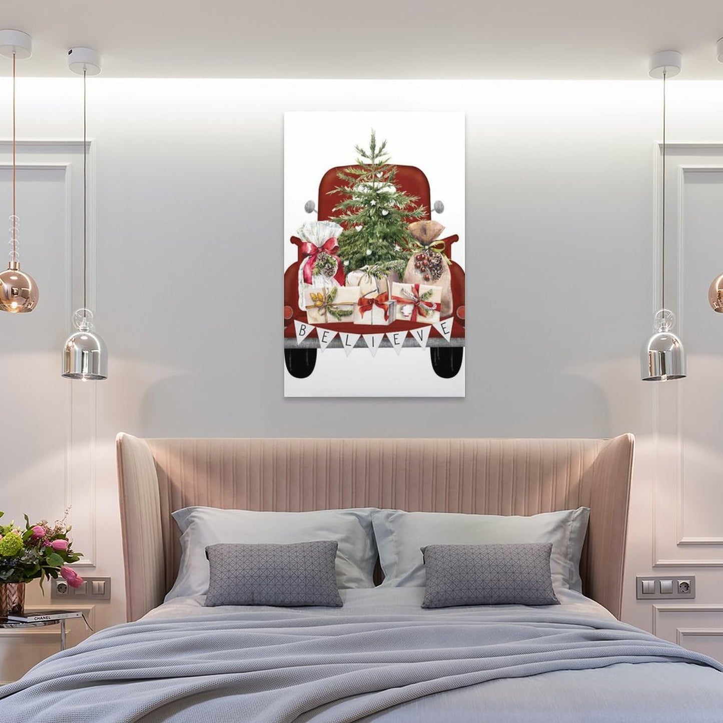 LohxA Festive Red Truck Believe Banner Tree Presents Print - Custom Holiday Wall Decor , Christmas Signs P Canvas Wall Art Print Poster For Home School Office Decor 12x18inch(30x45cm)