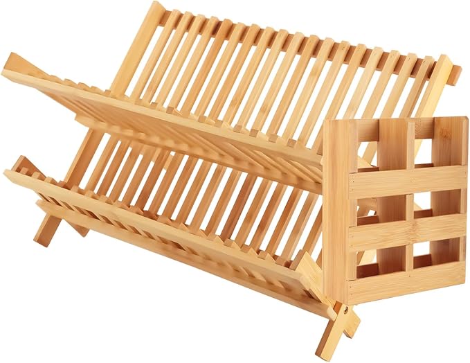 Tefola Bamboo Dish Drying Rack, 2-Tier Foldable Design with Utensil Holder, Kitchen Plate Rack Dish Drainer Rack Dish Racks for Kitchen Counter, 16.5 x 17 inches