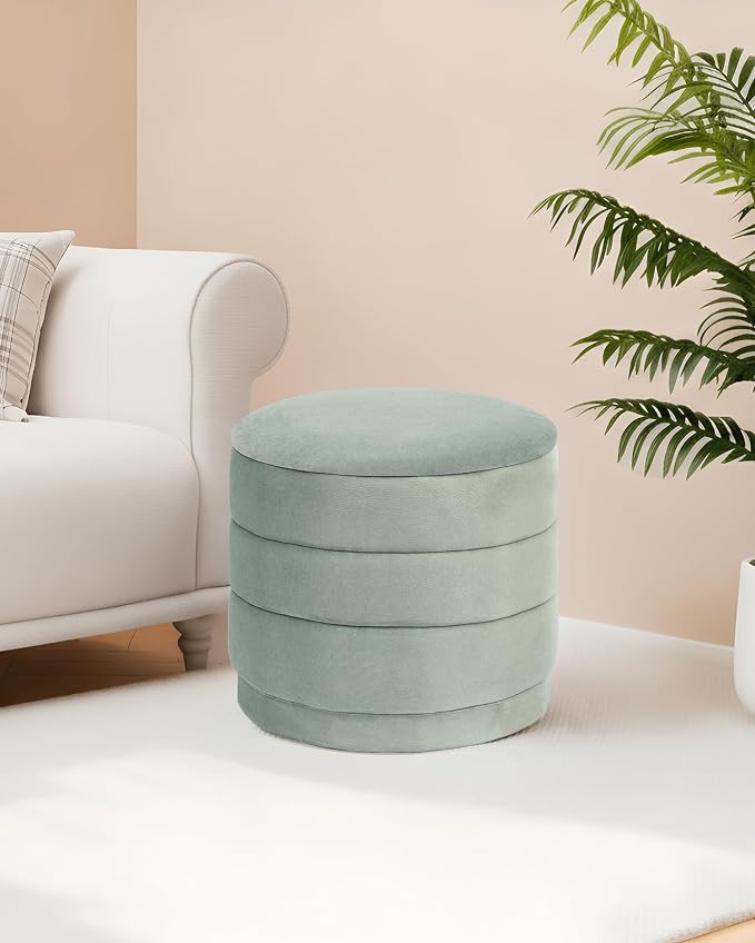 B FSOBEIIALEO Round Velvet Storage Ottoman with Tray, Folding Ottoman with Storage Coffee Table Foot Rest for Dorm Room, Living Room Sage, 15.35"x15.35"x14.57"