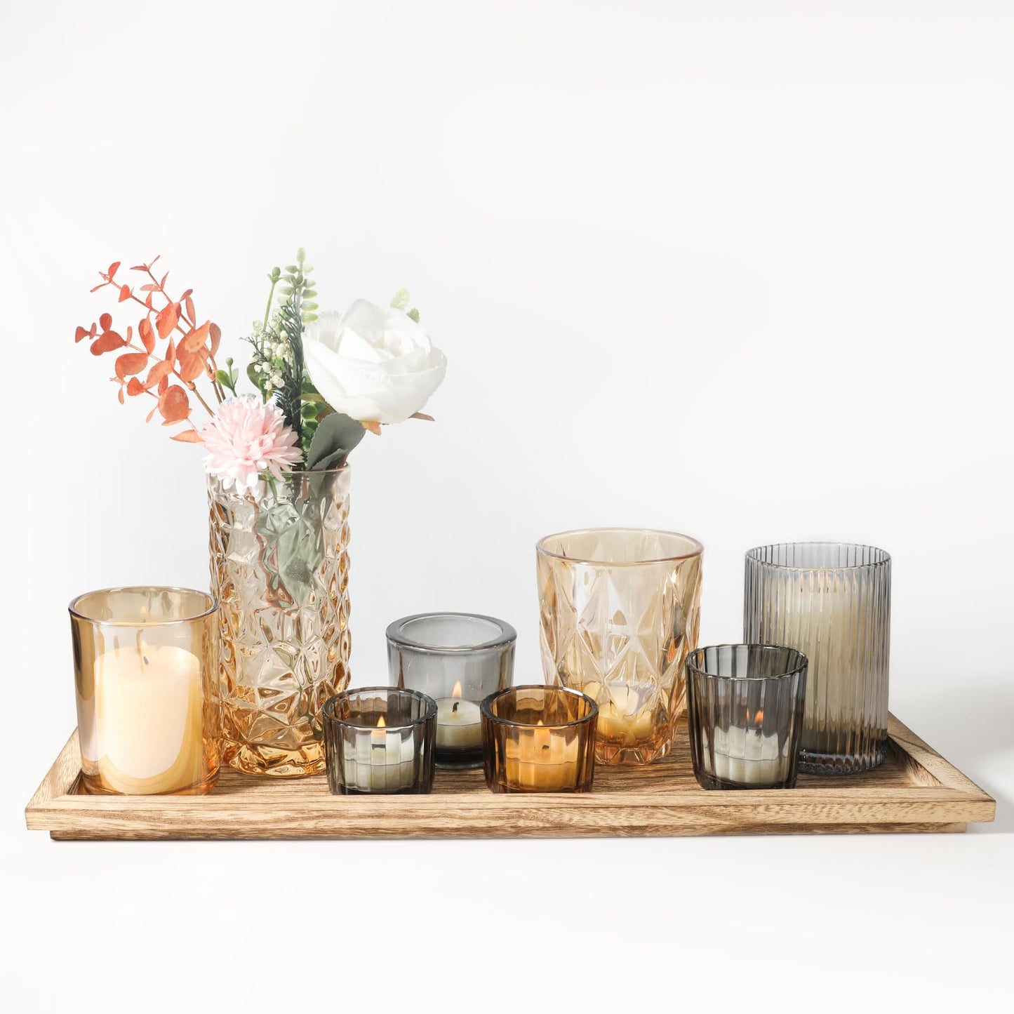 Rustic Wooden Tray with 8 Brown Glass Votive Candle Holders, Decorative Tea Light Holder Set for Mantel, Centerpiece, Dining Table Centerpiece Set, and Home Decor(Set of 8 Pieces)