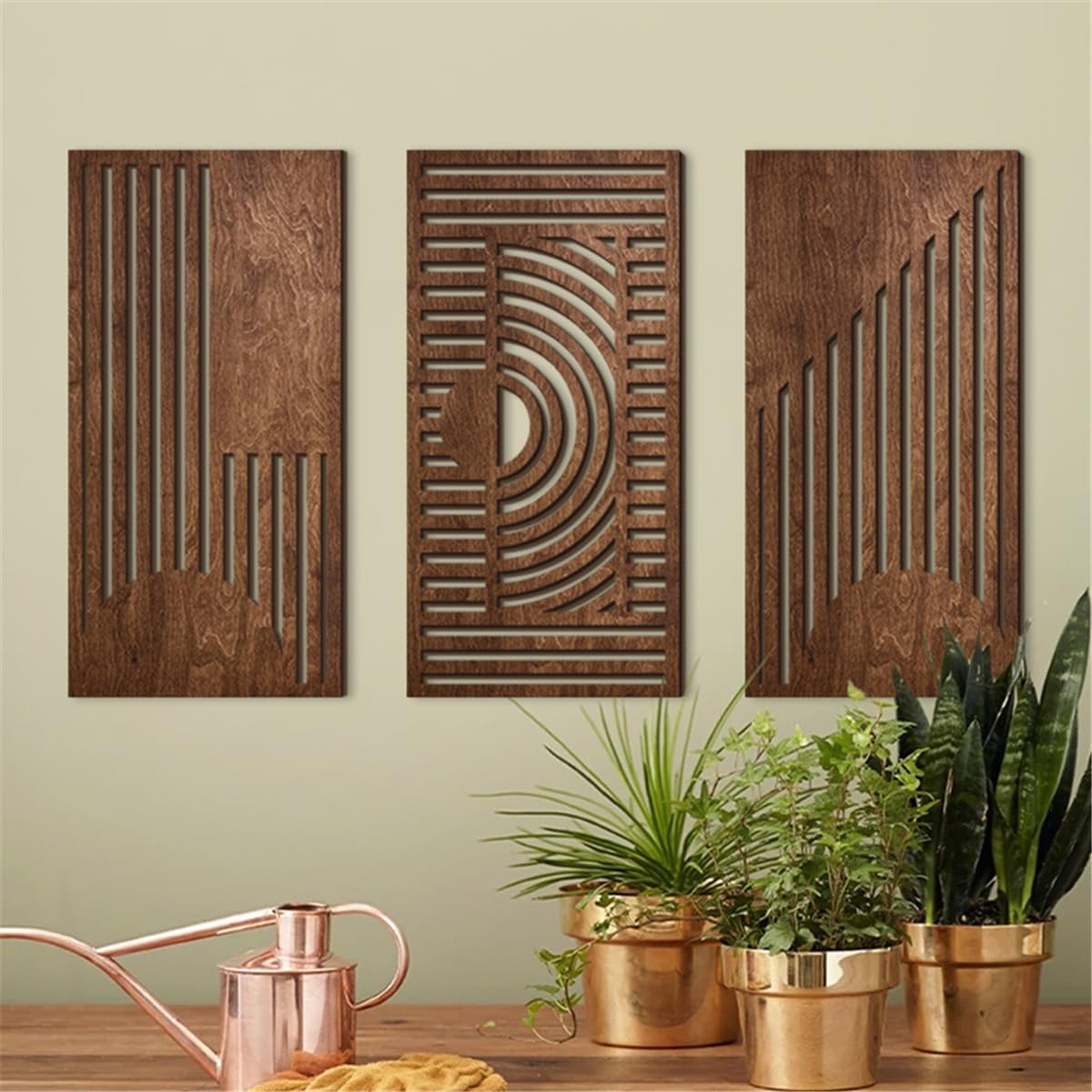 3 Pcs Geometric Wood Wall Art Decor, Wooden Minimalist Wall Hanging Decor, 3D Hollow Carved Craft Art Set, Boho Abstract Wall Sculptures Panels Decoration for Home Living Room Bedroom Kitchen (B)
