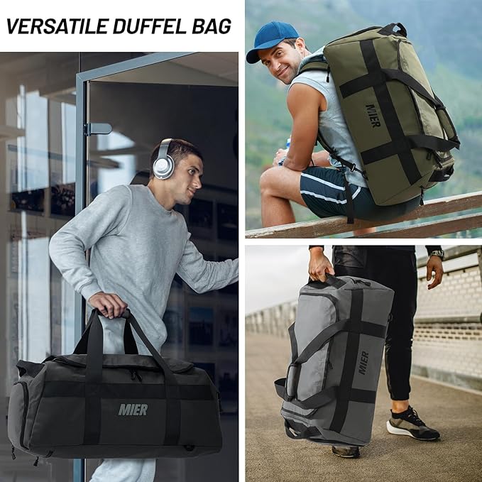 MIER Gym Bag for Men Large Duffel Backpack with Shoe Compartment, 60L Convertible Duffle Bags Weekender Overnight Bag for Gym Sports Travel, Gray