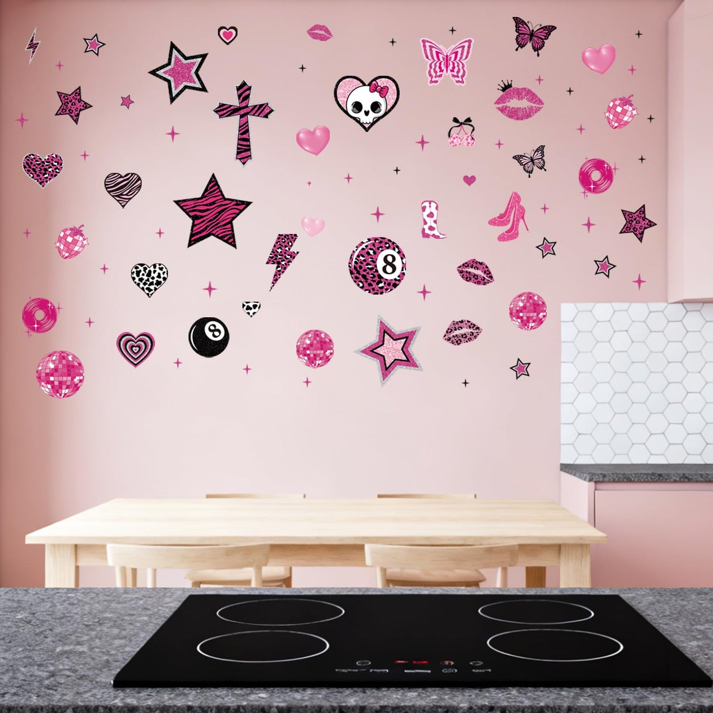 Wxiben Aesthetic Y2K Room Decor - 200 Pcs 2000s Mcbling Wall Decals Hot Pink Walls Stickers Decor for Room Y2K Star Baddie Peel and Stick Wall Decals for Home Bedroom Living Classroom Apartment Dorm