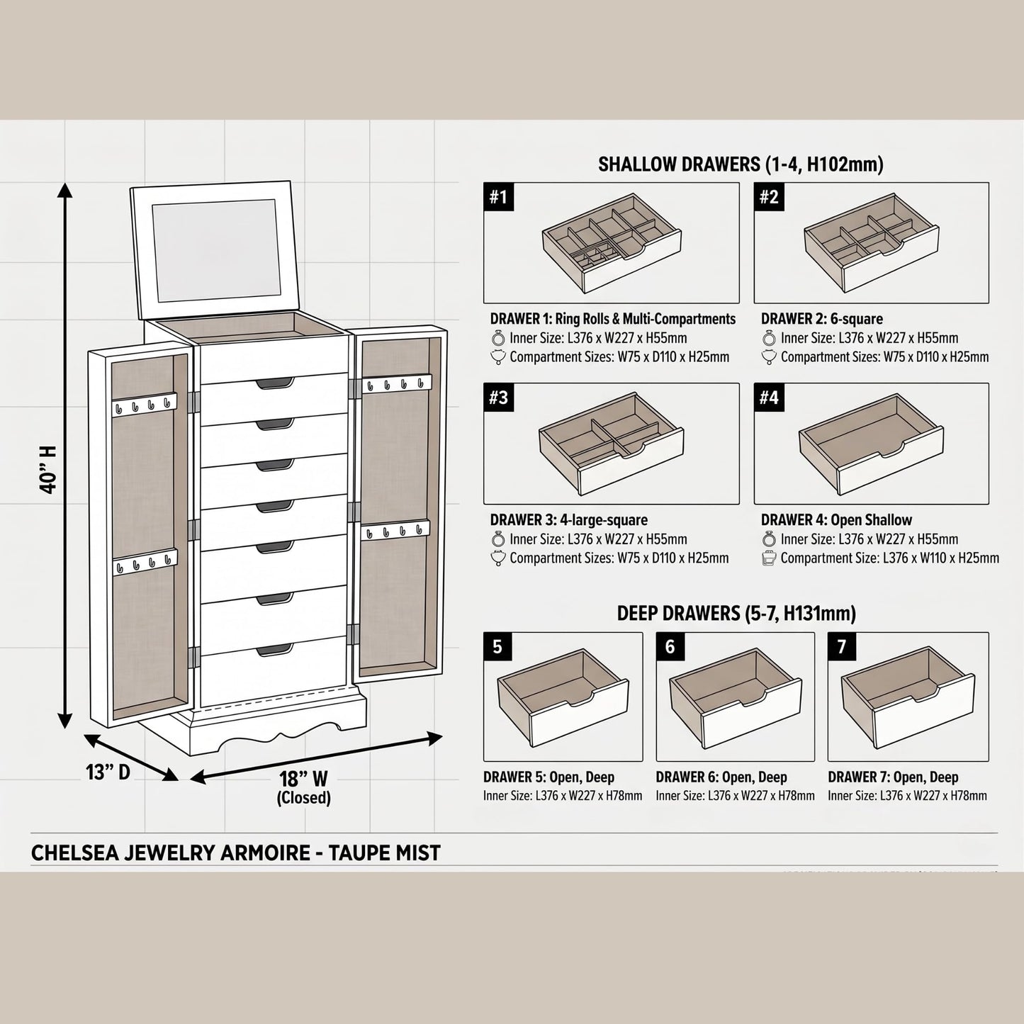 Hives & Honey Meadow Standing Jewelry Armoire Cabinet, Jewelry Storage Organizer with Top Flip Mirror, 2 Doors, 7 Drawers, Jewelry Chest, Jewelry Box for Necklace, Earring, Bracelet, Taupe
