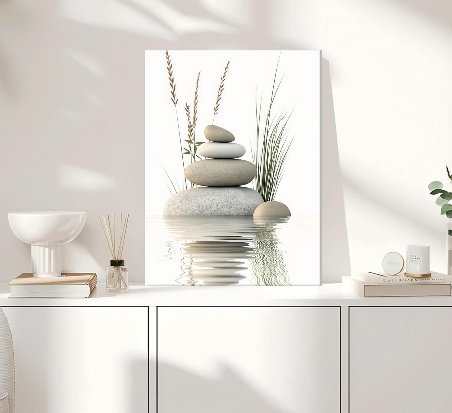 KBIERQN Zen Stone Canvas Wall Art Stacked Stones in Water Poster Print Tranquil Wild Grass Painting Picture for Spa Yoga Meditation Room Bathroom Wall Decor 12x16in Framed Ready to Hang