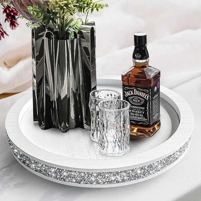 12 inch Round Wood Tray, Acrylic Diamond Decoration, Decorative Tray for Living Room, Coffee Table or Kitchen Table Service Tray, White