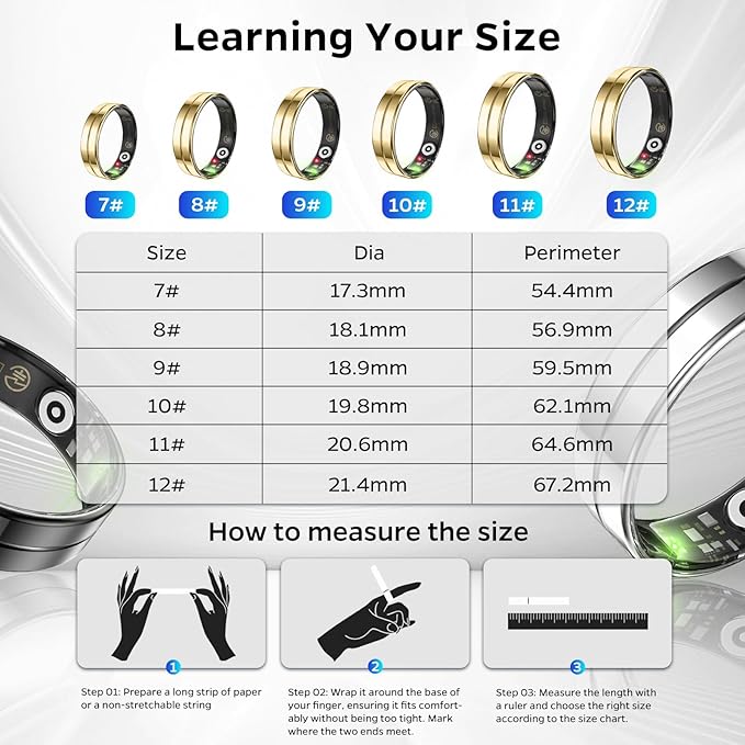 Ultra-Thin Smart Ring for Women Men,Sleep Tracker Ring with Heart Rate, Waterproof Fitness Ring for Activity Monitoring/Steps/Calories,No Subscription Fee,for iSO & Android (Glod,7#)