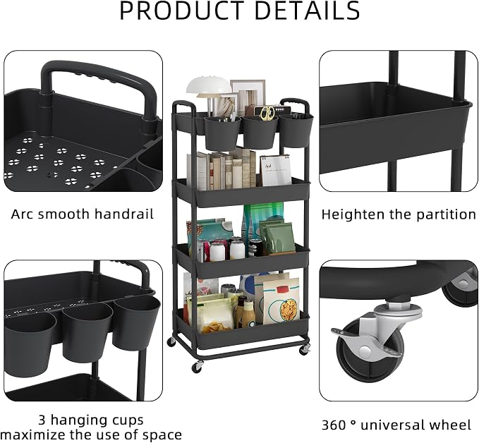 JIUYOTREE 4-Tier Plastic Rolling Storage Cart Utility Cart with Extra Hanging Cups Handles Lockable Wheels for Living Room Bathroom Kitchen Office Black