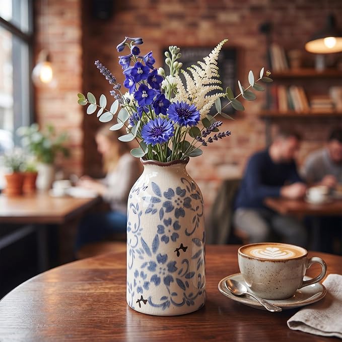 Blue Vase Chinese Ceramic Crackle Floral Vase for Blue and White Porcelain Home Bookshelf Living Room Table Centerpiece Decor