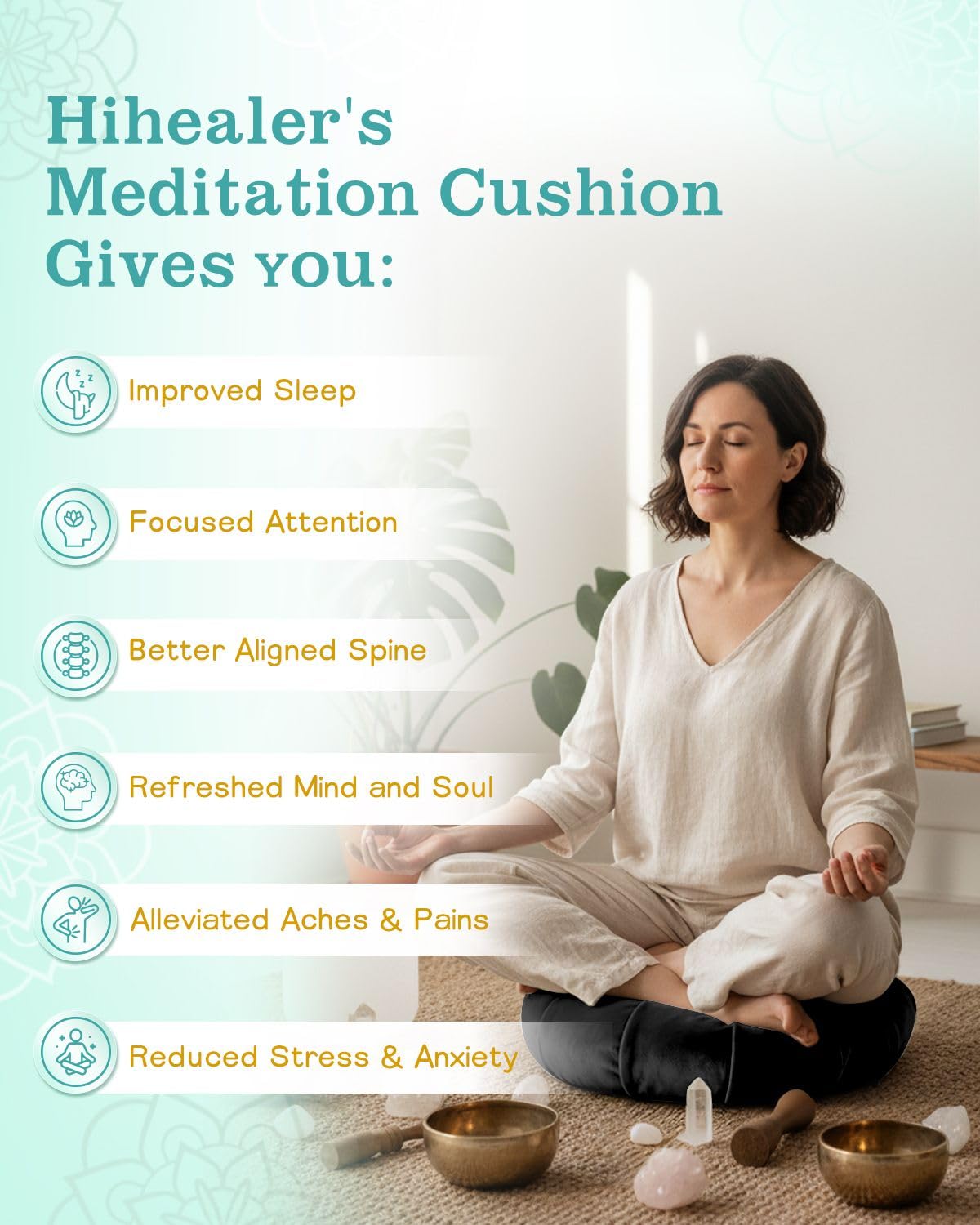 Hihealer Premium Meditation Cushion - Comfortable Floor Pillow for Adult Traditional Crescent Meditation Pillow Yoga Buckwheat Bolster (Black)