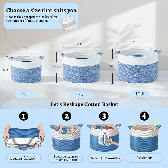 Artfeel 70L Large Cotton Rope Basket, Decorative Woven Blanket Storage for Living Room, Boho Toy Storage & Toy Box for Kids, Versatile Laundry Basket & Nursery Hamper for Blankets(DenimBlue)