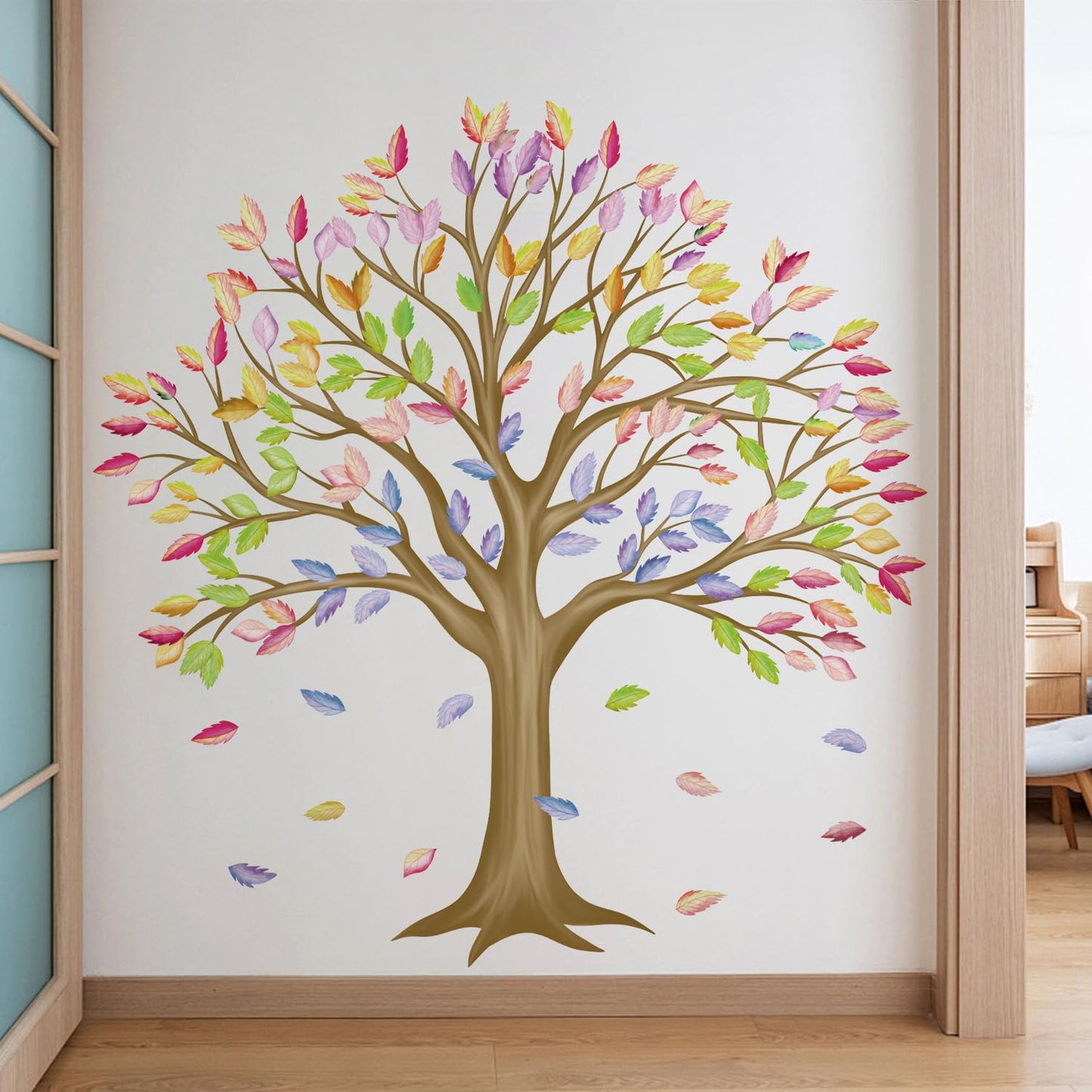 RAINBOW WSK Large Brown Tree Wall Decals Colorful Leaves Wall Stickers Peel and Stick Family Classroom Removable Vinyl Decals for Kids Room Nursery Living Room MUP1854