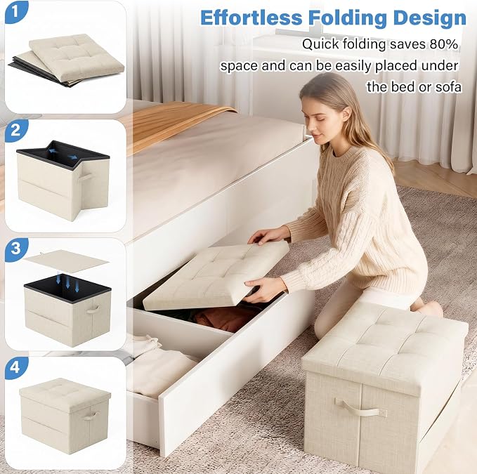 Dayacoco Storage Ottoman Foot Rest Stool, Foldable Foot Rest Stool with Thicker Foam Padded Seat, 43L Small Ottoman with Storage, Holds Up to 350lbs, 17x13x13in, Beige