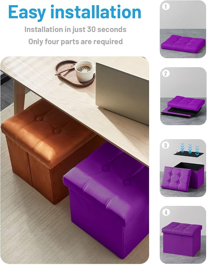 AmasSmile Storage Ottoman Foot Rest Stool, 17 inch Velvet Footstool Bench, Short Ottomans Stool, Small Folding Storage Ottoman Store Books, Records, Purple