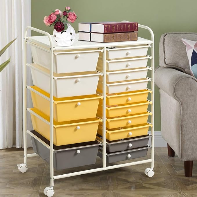 Giantex 15-Drawer Organizer Cart Office School Storage Cart Rolling Drawer Cart for Tools, Scrapbook, Paper (Yellow)