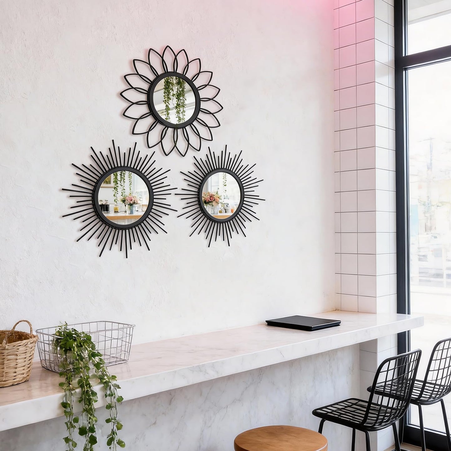 HMANGE Set of 3 Black Metal Sunburst Wall Mirrors - 12" Round Decorative Art for Living Room Bedroom Bathroom Entryway, No Assembly Required, Rust Resistant Design