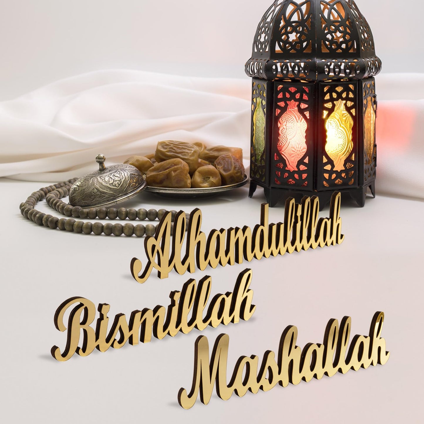 flangairy 3 Pcs Ramadan Decorations Home 2026, Wooden Gold Acrylic Bismillah Alhamdulillah Mashallah Sign, Wood Eid Mubarak Islamic Allah Table Stand Fireplace Office Desk Mosque Decor, Muslim Gifts