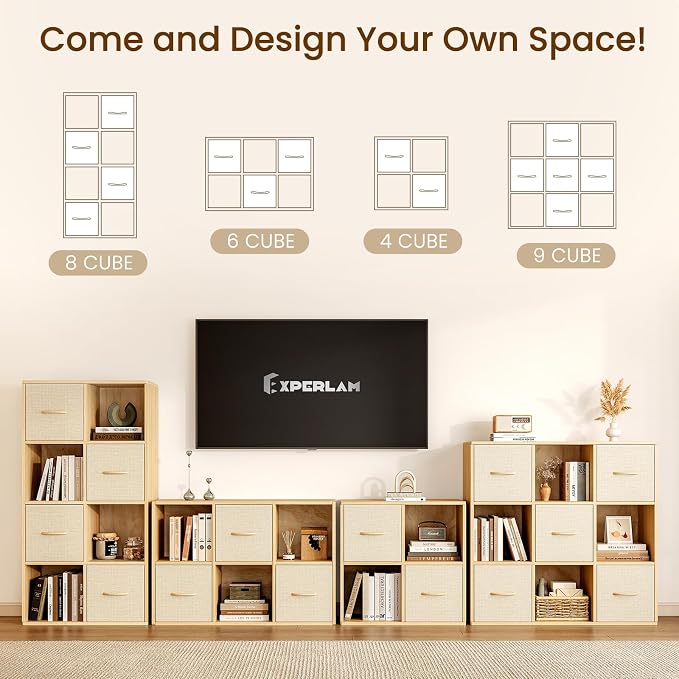 EXPERLAM 9 Cube Storage Organizer - Solid Wood Bookshelf with 5 Storage Bins, Cube Shelf with 3 Removable Back Panels, Vertical or Horizontal Bookcase, Open Book Shelf for Bedroom, Living Room, Office