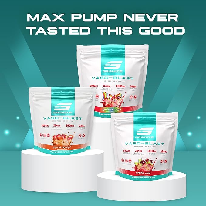 Granite Supplements Vaso Blast, Rainbow Candy Flavor, Stimulant-Free Pre Workout for Men & Women with Grapeseed Extract, Arginine Nitrite, & VasoDrive-AP for Max Pump (20 Servings)