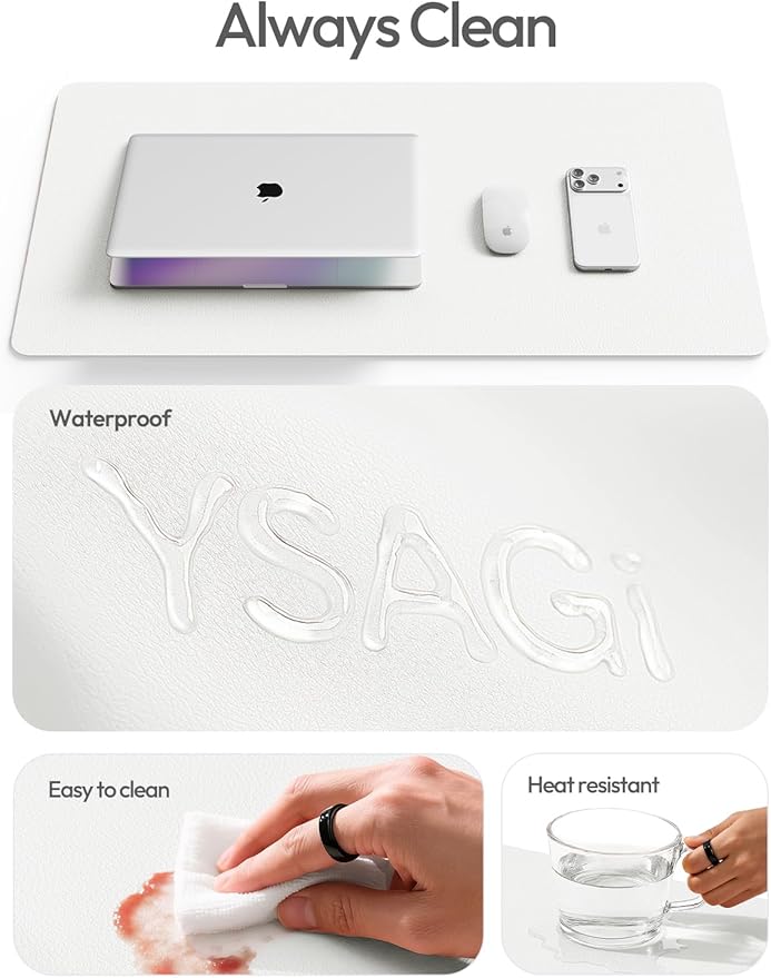 YSAGi Leather Desk Protector, Office Mat, Large Mouse Mat, Non-Slip PU Leather Blotter, Laptop Desk, Waterproof Writing Pad for Office and Home (White, 23.6" x 13.8")