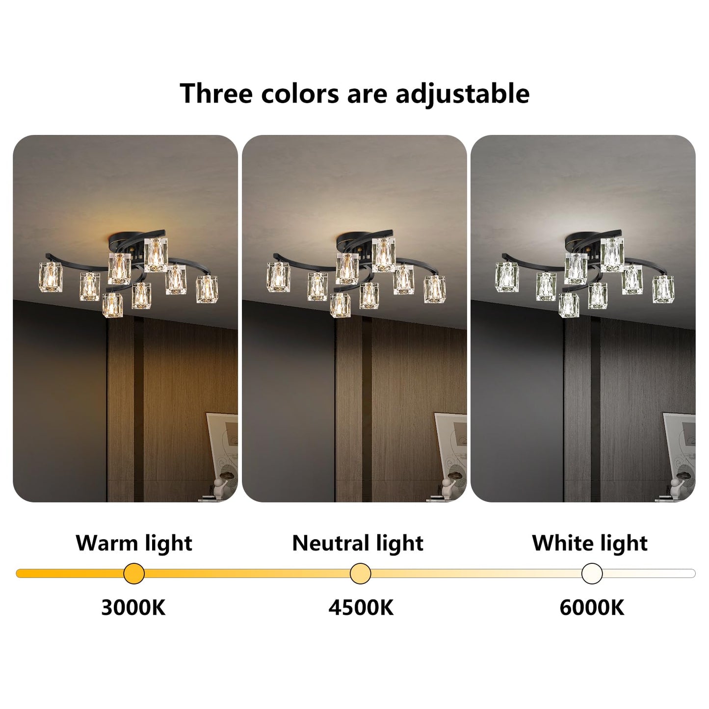OKES 8-Light Semi Flush Mount Ceiling Light, Black and Gold Ceiling Fixture, Farmhouse Dining Room Light Fixture with K9 Crystal Shade, Modern Chandelier for Living Room,Bedroom,Entryway